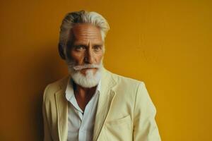 bello anziano uomo con bianca barba e baffi su giallo sfondo generativo ai foto
