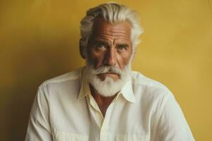 ritratto di anziano uomo con bianca barba e baffi su giallo sfondo generativo ai foto