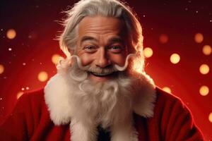 ritratto di contento anziano uomo nel Santa Claus costume al di sopra di rosso sfondo. generativo ai foto