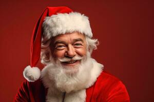 ritratto di contento Santa Claus su rosso sfondo. Natale e nuovo anno concetto. generativo ai foto