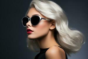 ai generato studio ritratto di bellissimo giovane bionda donna nel occhiali da sole su diverso colore sfondo foto