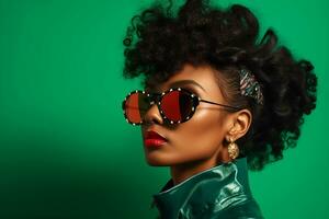 ai generato studio ritratto di un' bellissimo nero pelle africano donna nel occhiali da sole su diverso colori sfondo foto