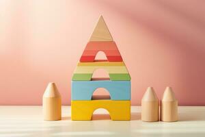 un' minimalista di legno Childs giocattolo impostato isolato su un' pastello pendenza sfondo foto