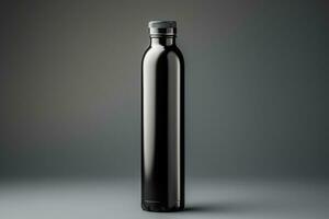 un' riutilizzabile metallo acqua bottiglia simboleggiante sostenibile viaggio isolato su un' grigio pendenza sfondo foto