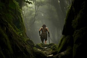 uomo delle caverne navigazione attraverso denso preistorico foresta foto