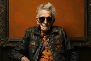 anziano modello stimolazione solennemente incorniciato nel intrigante monocromatico ruggine e dorato occhiali da sole foto