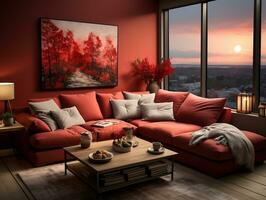 moderno vivente camera nel un' Casa con rosso mobilia ai generativo foto