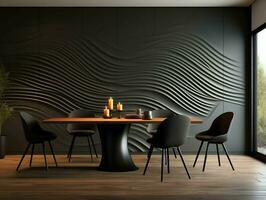 astratto nero parete pannelli moderno lusso cenare camera con cenare tavolo e sedie ai generativo foto