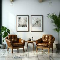 3d vivente camera con Due Marrone pelle sedie e tela manifesti ai generativo foto