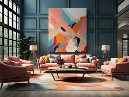 moderno vivente camera con divano e colorato tela ai generativo foto