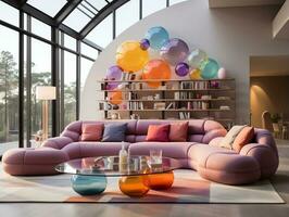 colorato vivente camera con multicolore mobilia ai generativo foto