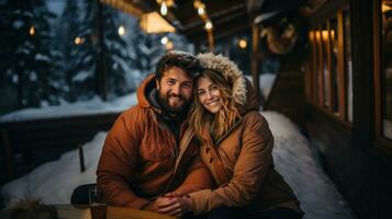 bellissimo giovane coppia su il sfondo di un' di legno Casa su un' inverno sera. foto