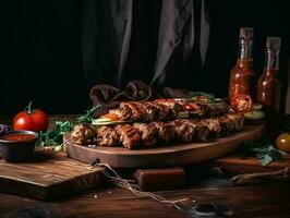 delizioso succoso kebab e verdure e verdura su un' di legno asse, decorato con erbe aromatiche e verdure. fotorealistico illustrazione. ai generato. foto
