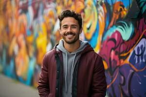 innovativo imprenditore a un' graffiti murale parco sfondo con vuoto spazio per testo foto