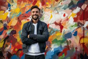 innovativo imprenditore a un' graffiti murale parco sfondo con vuoto spazio per testo foto