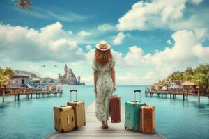 giovane donna con valigia a lusso ricorrere. viaggio e vacanza concetto, posteriore Visualizza di contento viaggio donna su vacanza concetto, ai generato foto