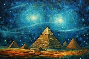 il grande piramidi di giza, Egitto. digitale la pittura, piramidi nel il deserto a notte volta. stellato cielo, latteo modo. astratto immagine nel il stile di post impressionismo, ai generato foto