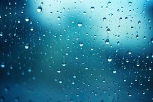 gocce di pioggia su il finestra bicchiere, astratto sfondo, superficiale profondità di campo, gocce di pioggia su il finestra. blu tono, ai generato foto