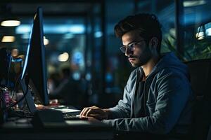 giovane uomo Lavorando su computer in ritardo a notte nel buio ufficio. maschio progettista utilizzando del desktop computer, ritratto, uomo e Sorridi di programmatore su computer nel ufficio posto di lavoro a notte, ai generato foto