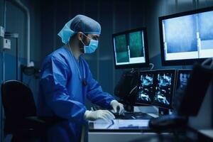 chirurgo guardare a raggi X Immagine nel il operativo camera, professionale maschio medico controllo del paziente condizione, ai generato foto
