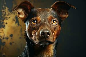 zwergpinscher papavero su un' nero e giallo astratto sfondo. vicino su ritratto. ai arte foto