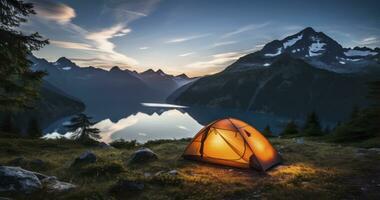 un' tenda impostato su con un' Visualizza di montagne o un' lago fa per un' memorabile campeggio Esperienza. generativo ai foto