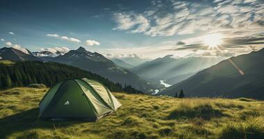 un' tenda impostato su con un' Visualizza di montagne o un' lago fa per un' memorabile campeggio Esperienza. generativo ai foto