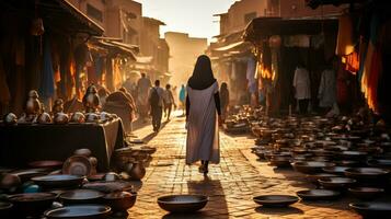 crepuscolo nel il bazar. un' vivido spedizione in marocchino souk. generativo ai foto