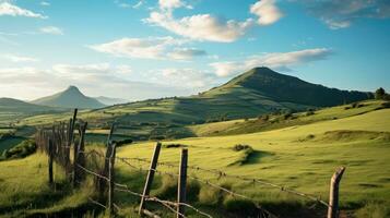 fertile piste. il lussureggiante scenario di terreni agricoli colline. generativo ai foto