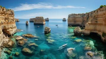 estate a mare. Barche e kayak vicino il maestoso arco scogliere spiaggia. generativo ai foto