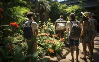 il Esperienza di botanico giardino tournée, con guidato esplorazione e pianta osservazioni. generativo ai foto