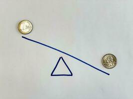 uno Euro e noi trimestre dollaro monete su disegnato bilancia foto