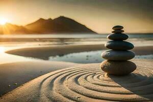 un' pila di pietre su il spiaggia a tramonto. ai-generato foto