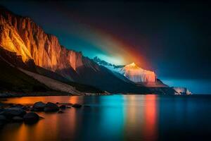 un' arcobaleno al di sopra di un' montagna e acqua. ai-generato foto