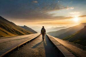 un' uomo a piedi su un' strada nel il montagne. ai-generato foto