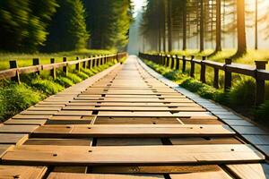 un' di legno sentiero nel il foresta con alberi nel il sfondo. ai-generato foto