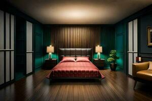 un' Camera da letto con buio legna piani e un' letto. ai-generato foto