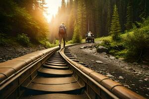 un' uomo e donna siamo a piedi giù un' treno traccia. ai-generato foto