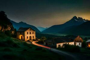 un' villaggio nel il montagne a tramonto. ai-generato foto