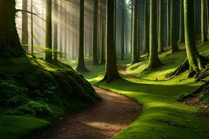 un' sentiero attraverso un' foresta con alberi e erba. ai-generato foto