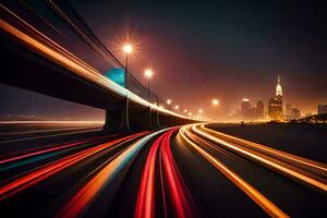 un' lungo esposizione fotografia di un' autostrada a notte. ai-generato foto
