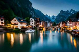 il cittadina di Hallstatt, Austria, a crepuscolo. ai-generato foto