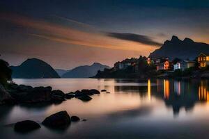 un' bellissimo tramonto al di sopra di un' lago e montagne. ai-generato foto