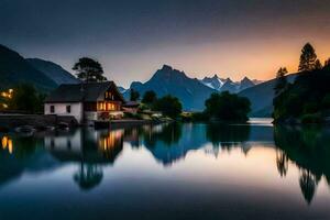 un' Casa si siede su il riva di un' lago a tramonto. ai-generato foto