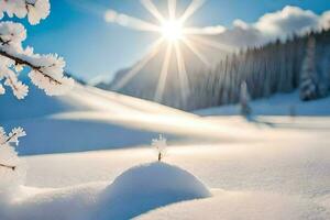 neve coperto alberi e il sole splendente nel il sfondo. ai-generato foto