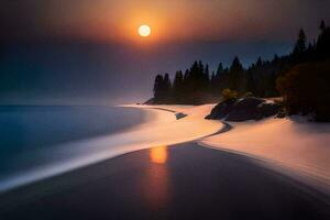 un' lungo esposizione fotografia di il sole ambientazione al di sopra di un' spiaggia. ai-generato foto