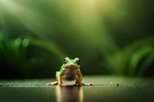 un' rana seduta su il terra nel davanti di un' verde sfondo. ai-generato foto