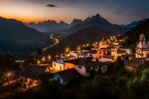 foto sfondo il cielo, montagne, villaggio, tramonto, il villaggio, il villaggio, il villaggio. ai-generato