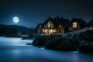 foto sfondo il Luna, notte, il mare, il Casa, il rocce, il acqua,. ai-generato