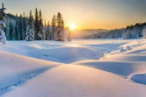 foto sfondo il cielo, neve, alberi, il sole, inverno, il foresta, il montagne. ai-generato